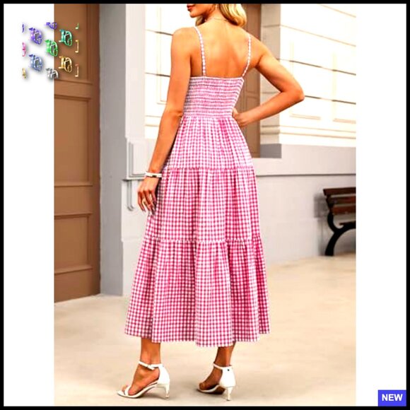 Sleeveless Striped Plaid Midi Dress Flowy Rayon Beach Vacation Sundress - Picture 5 of 7